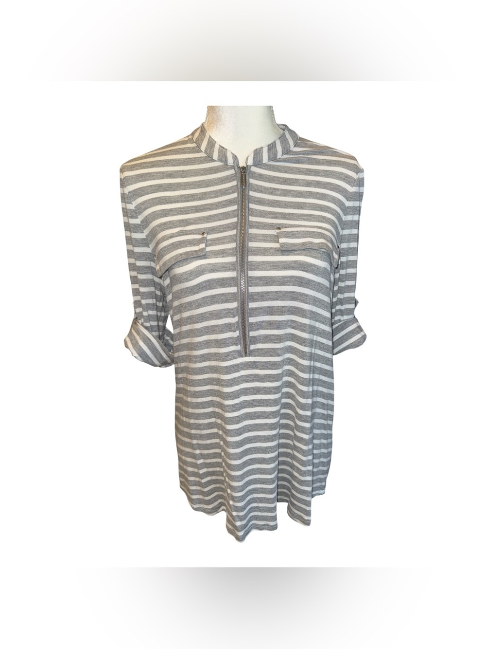 Calvin Klein Grey and White Striped Half-Zip Tunic Top #86